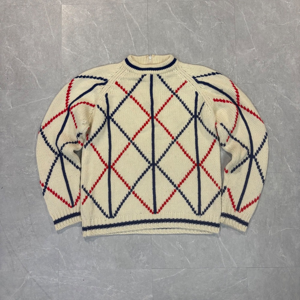 Vintage Argyle Knit Mock Neck Sweater Cream Navy Red Back Zip Virgin Acrylic